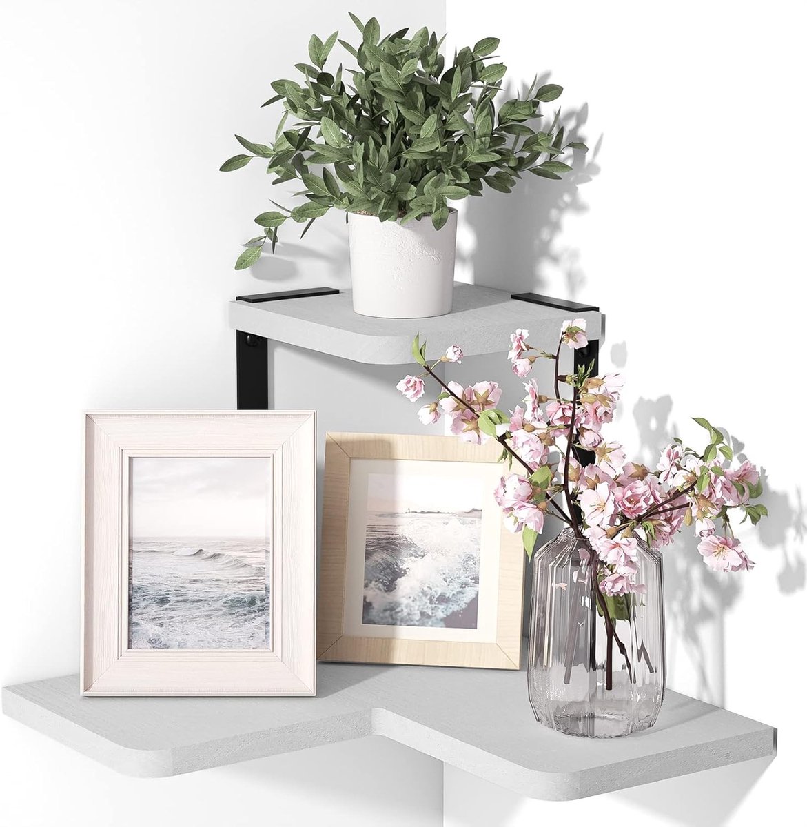 Hoekplank van Hout, Wandplank en Boekenkast in Vintage Stijl voor Slaapkamer, Woonkamer en Badkamer - Stevig Paulownia Hout met Metalen Accenten