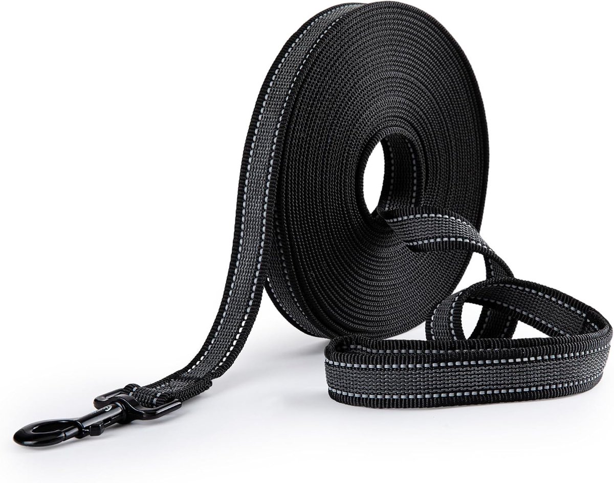SnelShoppen - Hondenlijn 10 m Rubber Gevoerde Hondenriem voor Kleine tot Grote Honden met Polsband en Opbergzak, Zwart (Breedte 2.5 cm)