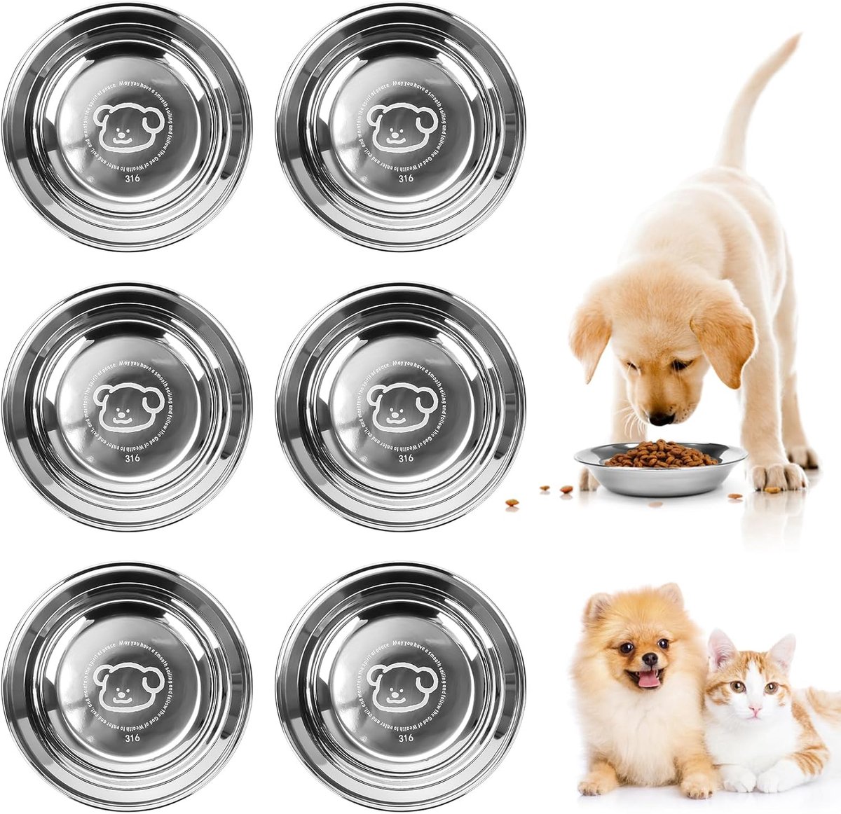 Thijox - 6 Stuks Kattenbak Roestvrij Staal 316 - Cartoon Voerbak Honden Kom - Kattenkom Waterbak Set voor Kleine Honden - 14 cm