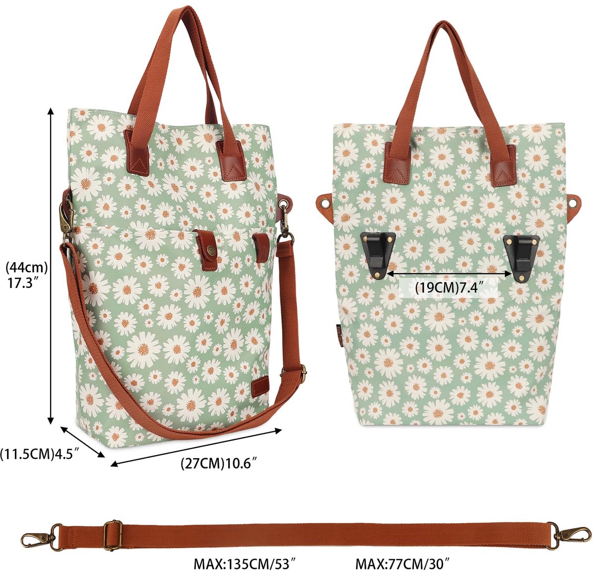 SnelShoppen - Fietstas Dames Shopper Handtas met Telefoonvak en Bloemenpatroon - Waterdicht Nylon en Echt Leer - Ideaal voor Fietsen, Outdoor, Werk