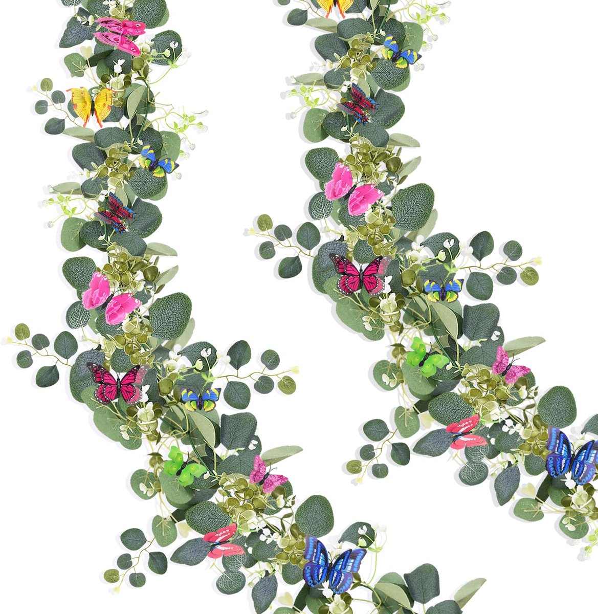 Eucalyptus slinger + 3D-vlinder-wanddecoratie met magneten, hangende groene bladeren, decoratie voor achtergrond, bruiloft, decoratie, tafelloper, middenstuk