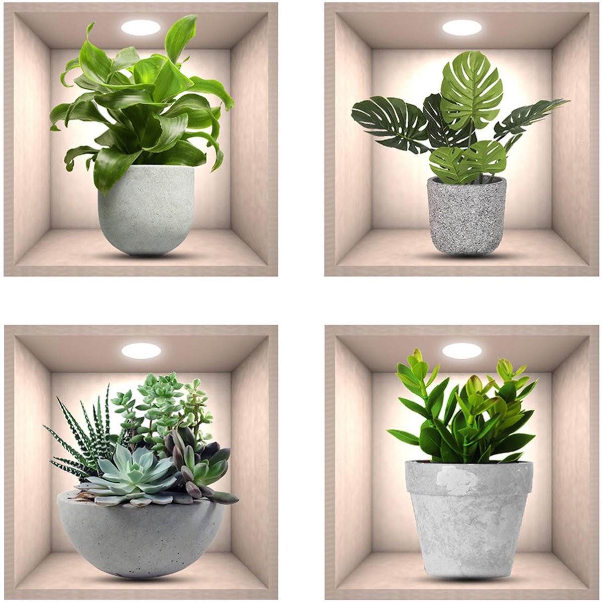 Muurstickers, 4 stuks realistische groene potplant waterdichte 3D vinyl verwijderbare muursticker voor woonkamer, slaapkamer, badkamer, keuken, kantoor decor
