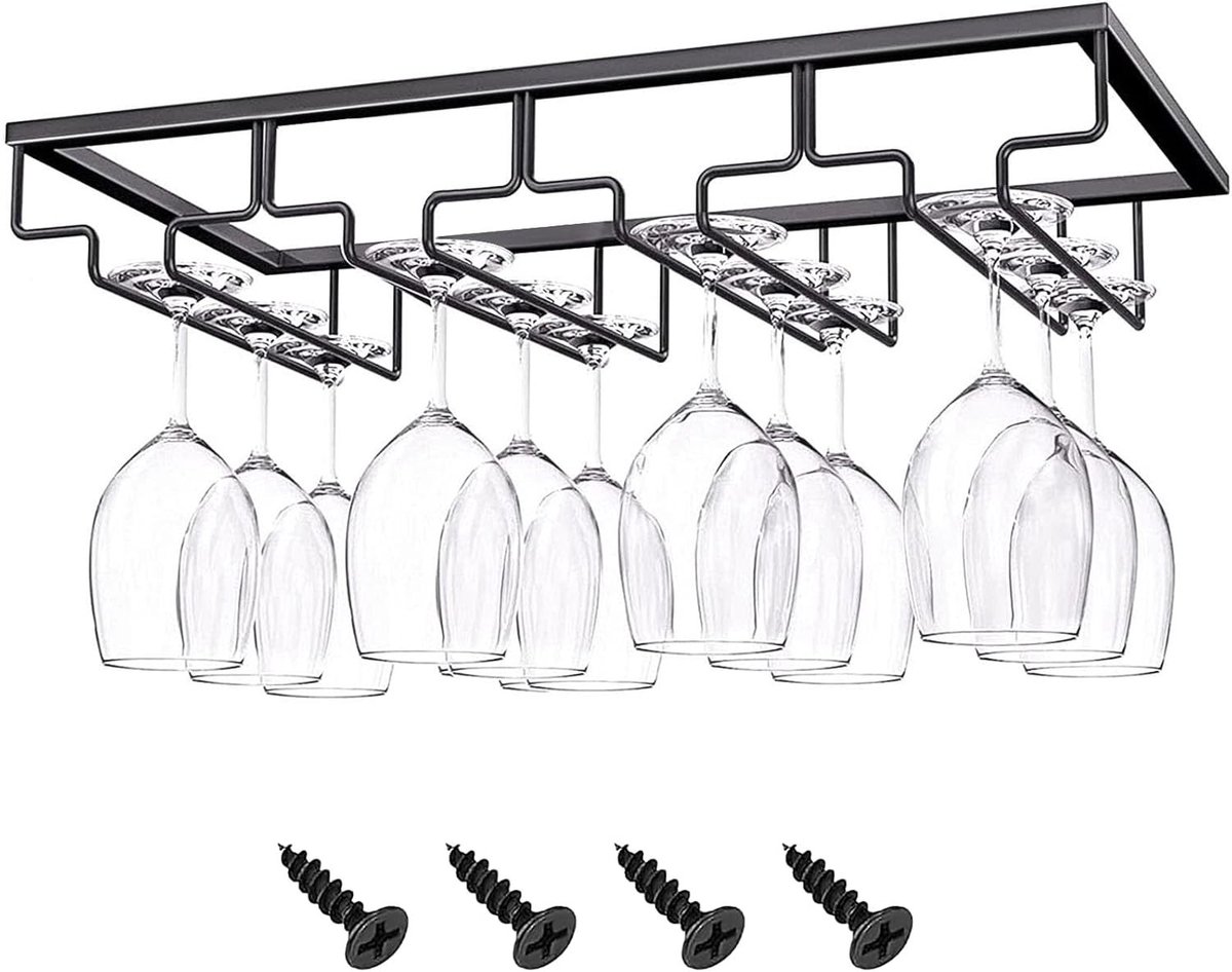 Metalen Wijnglashouder met Hangende Basis en Bevestigingsschroeven, 4 Rijen, Grote Capaciteit voor Bar en Keuken, 40 x 22,5 x 6 cm (Zwart)