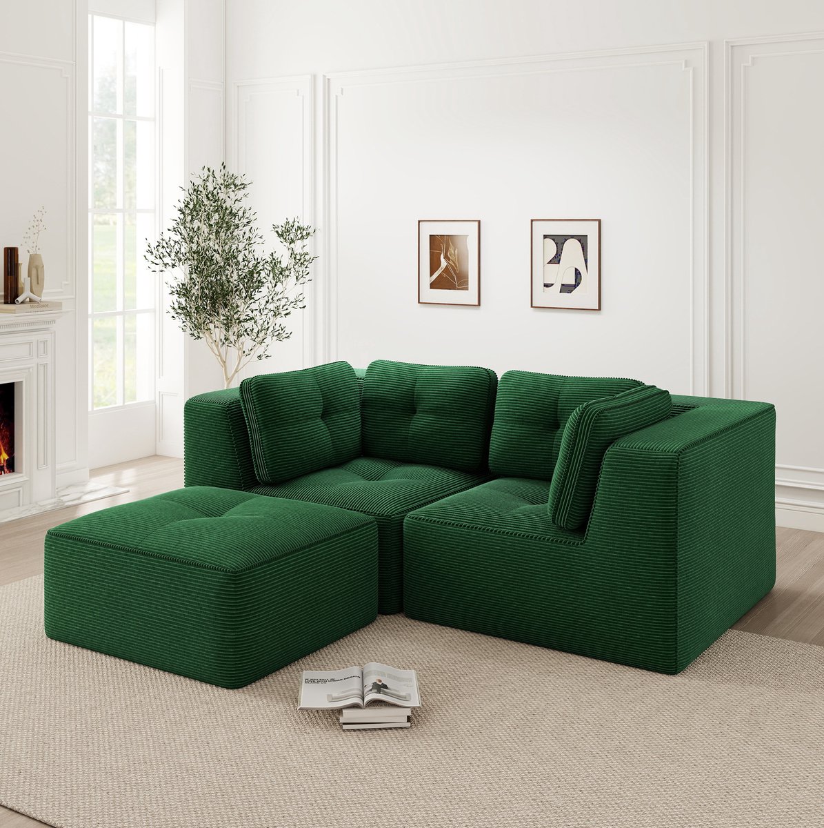 MIVRAY Hoekbank 208 x 177 cm - Modulair L-vormig 2-zits Ontwerp Met Verplaatsbare Voetbank - Voor Woonkamer En Slaapkamer - Cordstof Groen