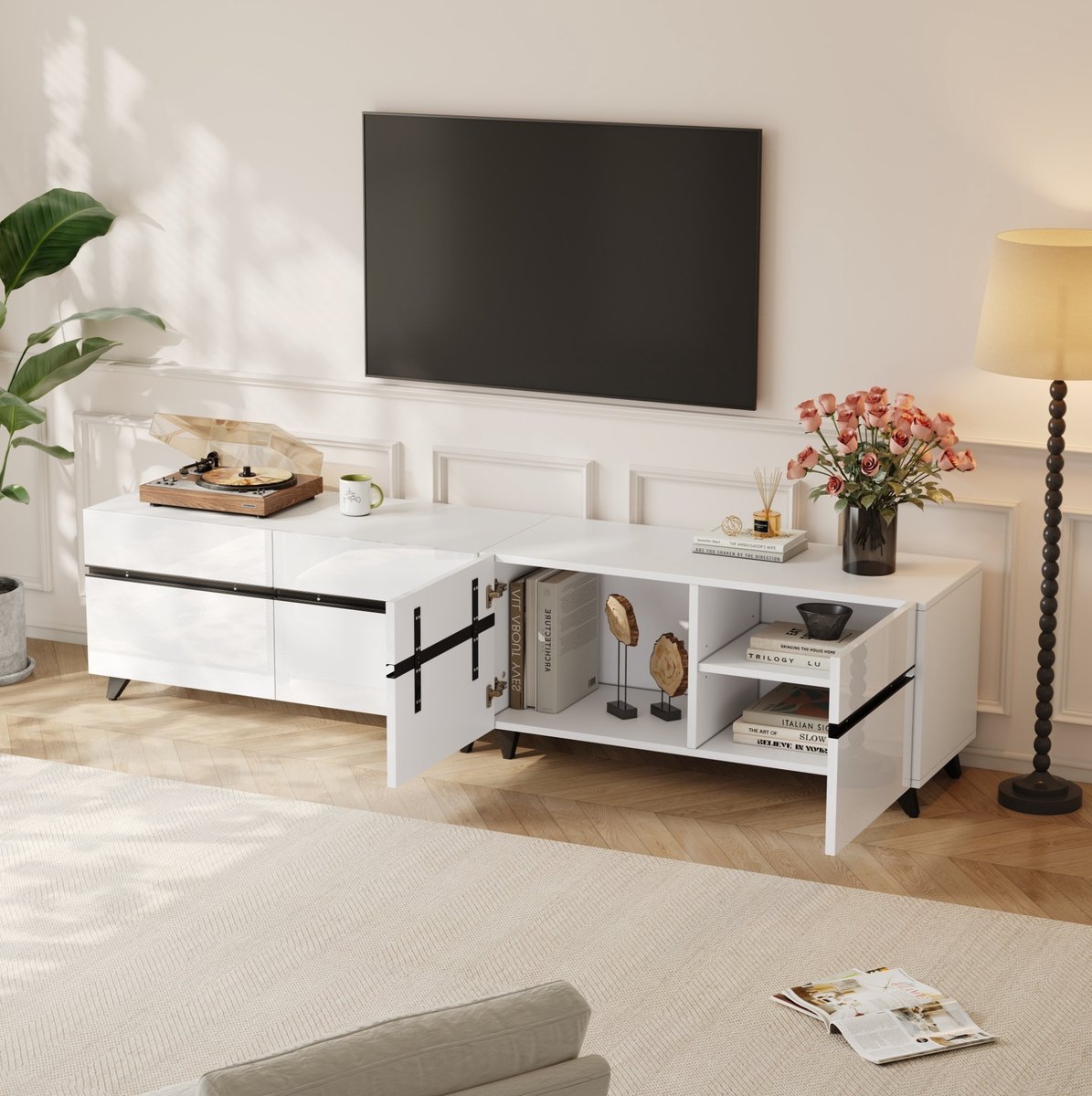 MEUNIQ TV-meubel 180 x 40 x 49 cm hoogglans wit met zwarte lijnen, 4 deuren, verstelbare b