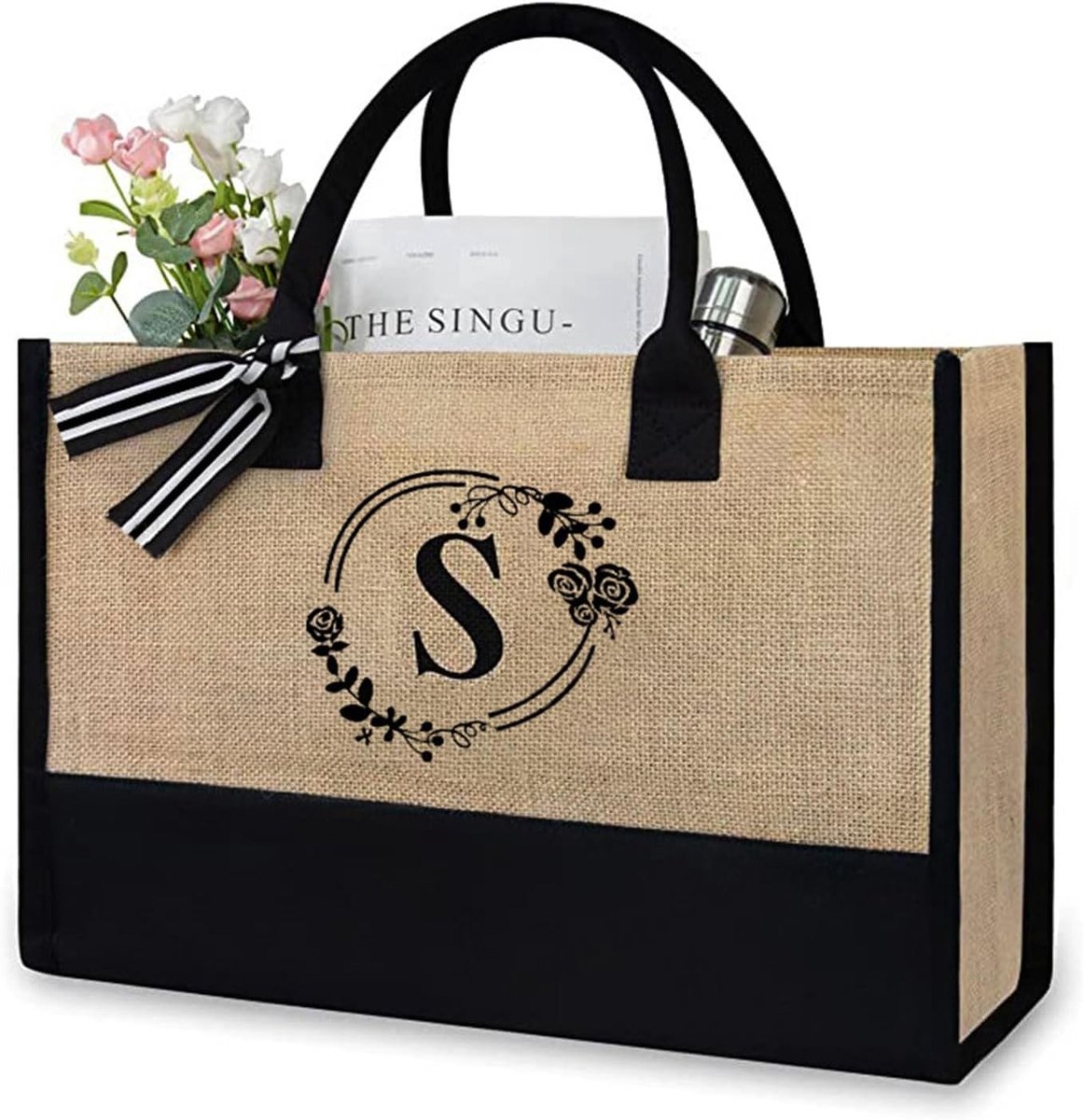 Herbruikbare Jute Tote Bag met Gepersonaliseerde Bloemenletters, Ideaal als Winkel- en Strandtas voor Dames en Heren, Gele Canvas Tas