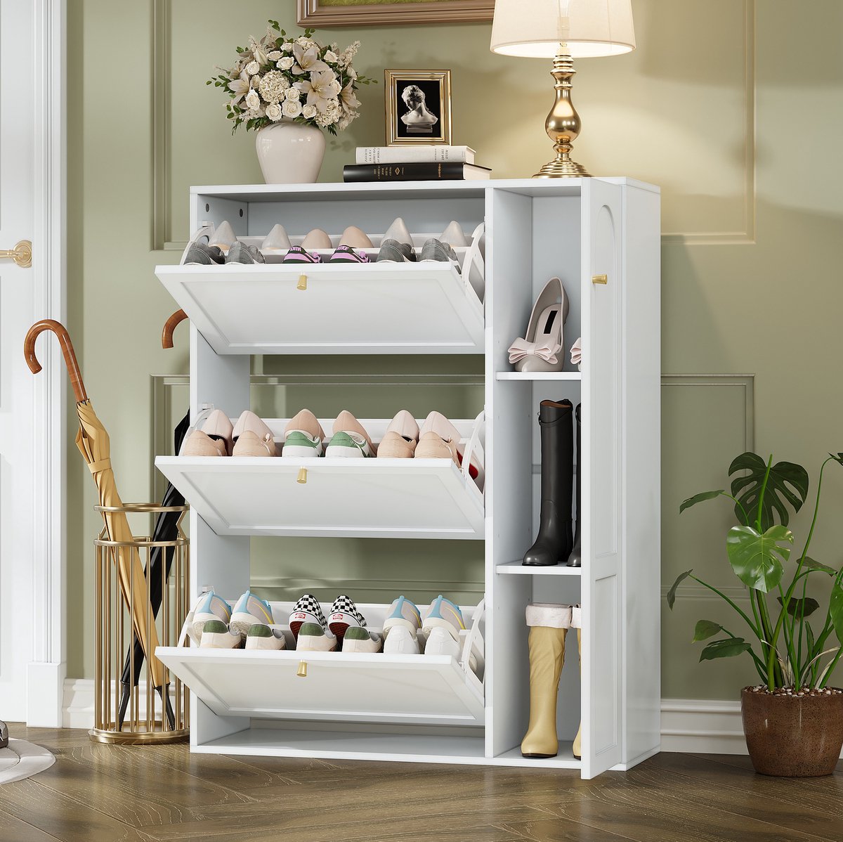 MEUNIQ Schoenenkast 90 x 25 x 114 cm met 3 kleppen en 1 deur, staande smalle schoenenkast met verstelbare scheidingswanden en antikipbeveiliging, wit