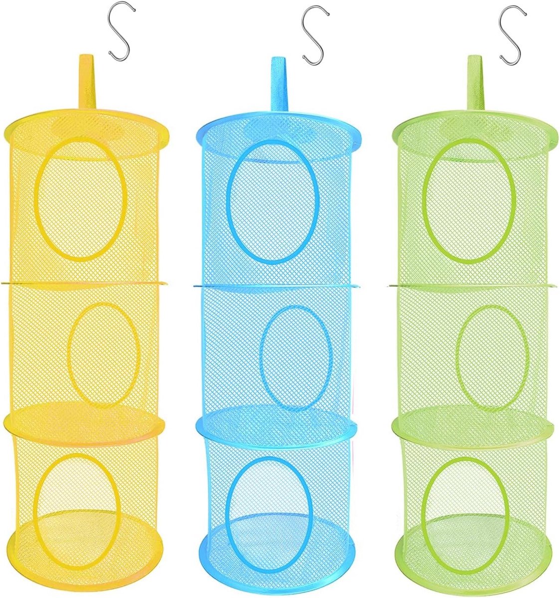 Driedelige Opvouwbare Netwerkopslag voor Speelgoed en Kleding, Ideaal als Cadeau voor Feestdagen in Geel, Groen en Blauw