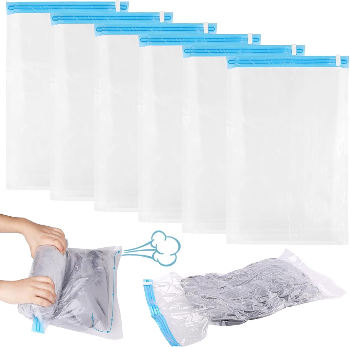 SnelShoppen - Pack van 6 Handgerolde Vacuumzakken 60 x 40 cm - Compressiezakken - Waterdichte Herbruikbare Reiszakken voor Kleding, Beddengoed, en Mee