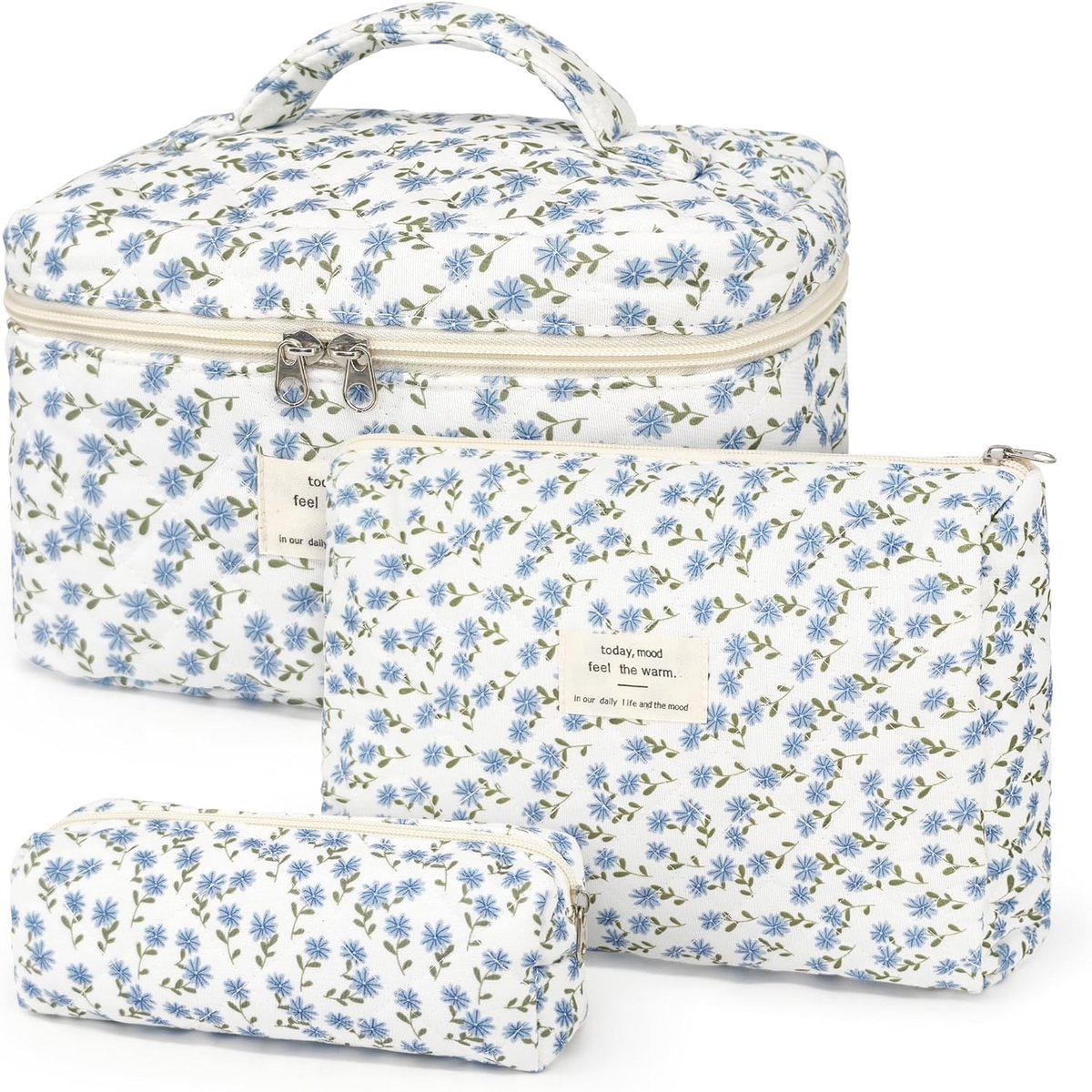 SnelShoppen - Set van 3 Cosmetica Tassen Toilettas voor Vrouwen - Grote, Middelgrote & Kleine Beauty Cases - Blauwe Bloemen Patroon - Perfect voor Rei