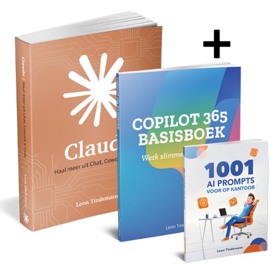Un ensemble de trois livres : Claude, Copilot 365 basisboek et 1001 AI prompts. Avec un symbole plus.