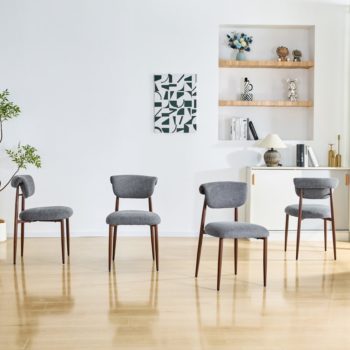 MIVRAY Eetkamerstoel - Set van 4 - Gebogen Rugleuning en Gewatteerde Zitting - Voor Eetkamer en Keuken - Stof Grijs