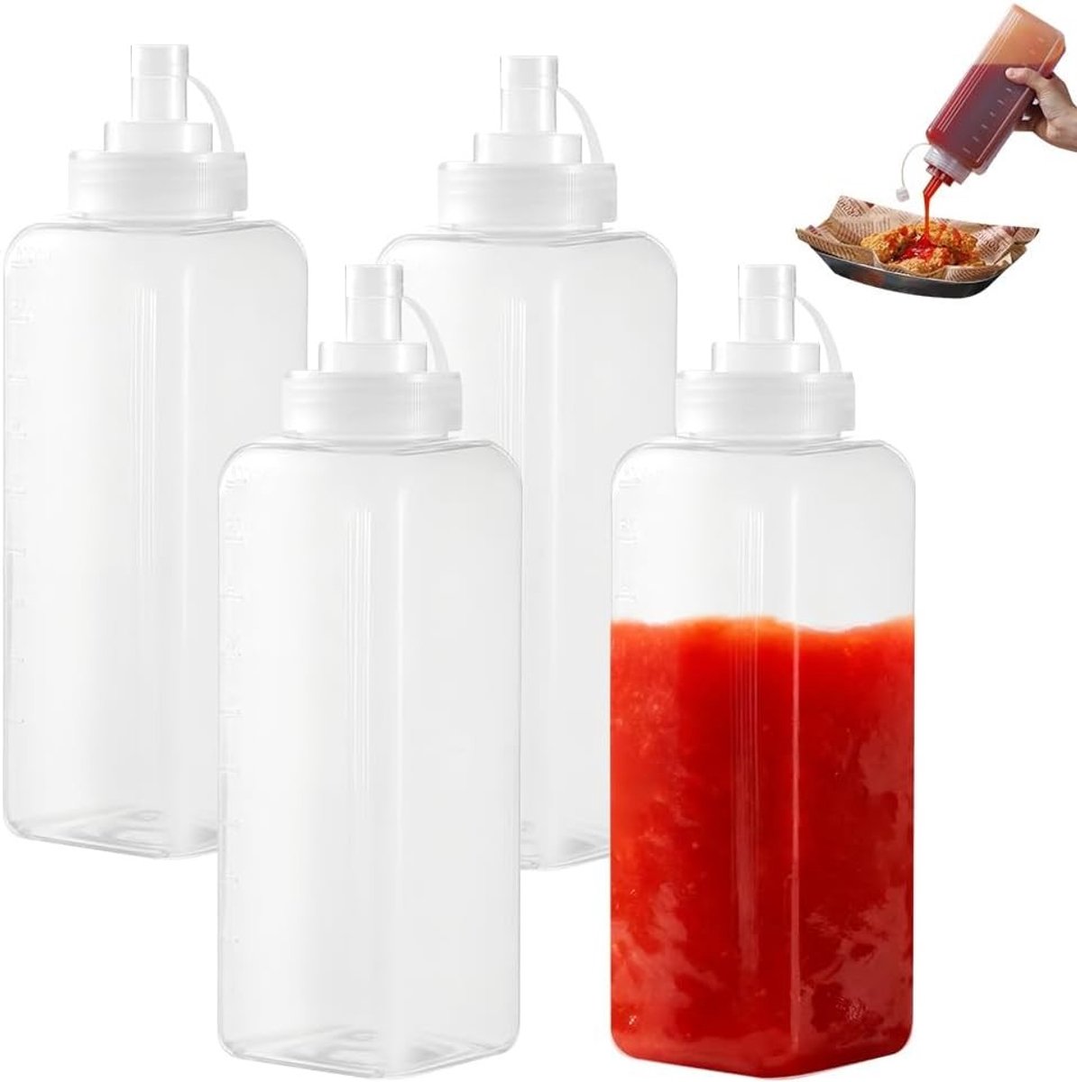 Extra squeeze fles van 1000 ml met deksel en puntige tuit - 4 stuks voor precisie en gemak