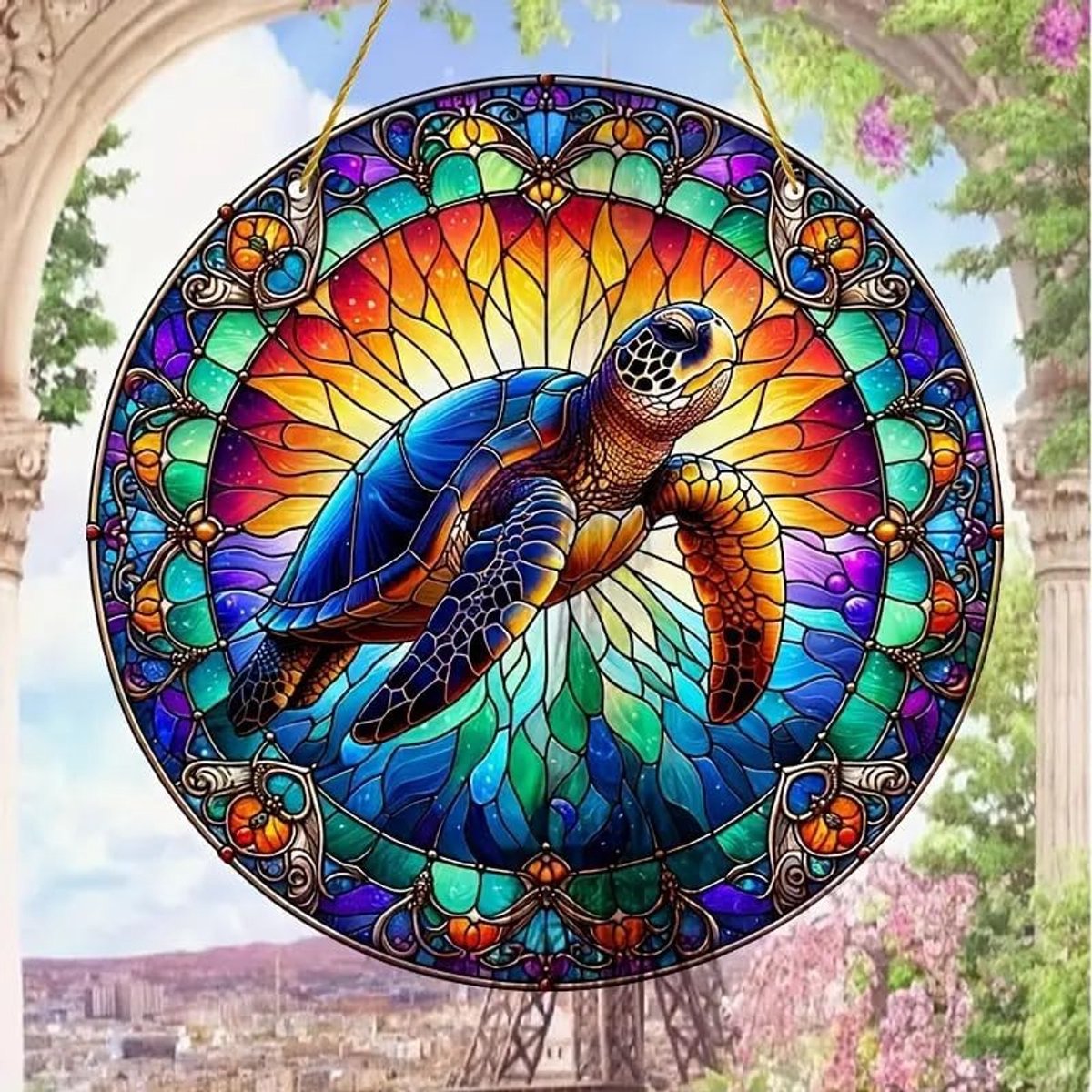 Kleurige glazen zonnevanger met zeeschildpad en bloemen, perfect voor wanddecoratie en als verjaardagscadeau