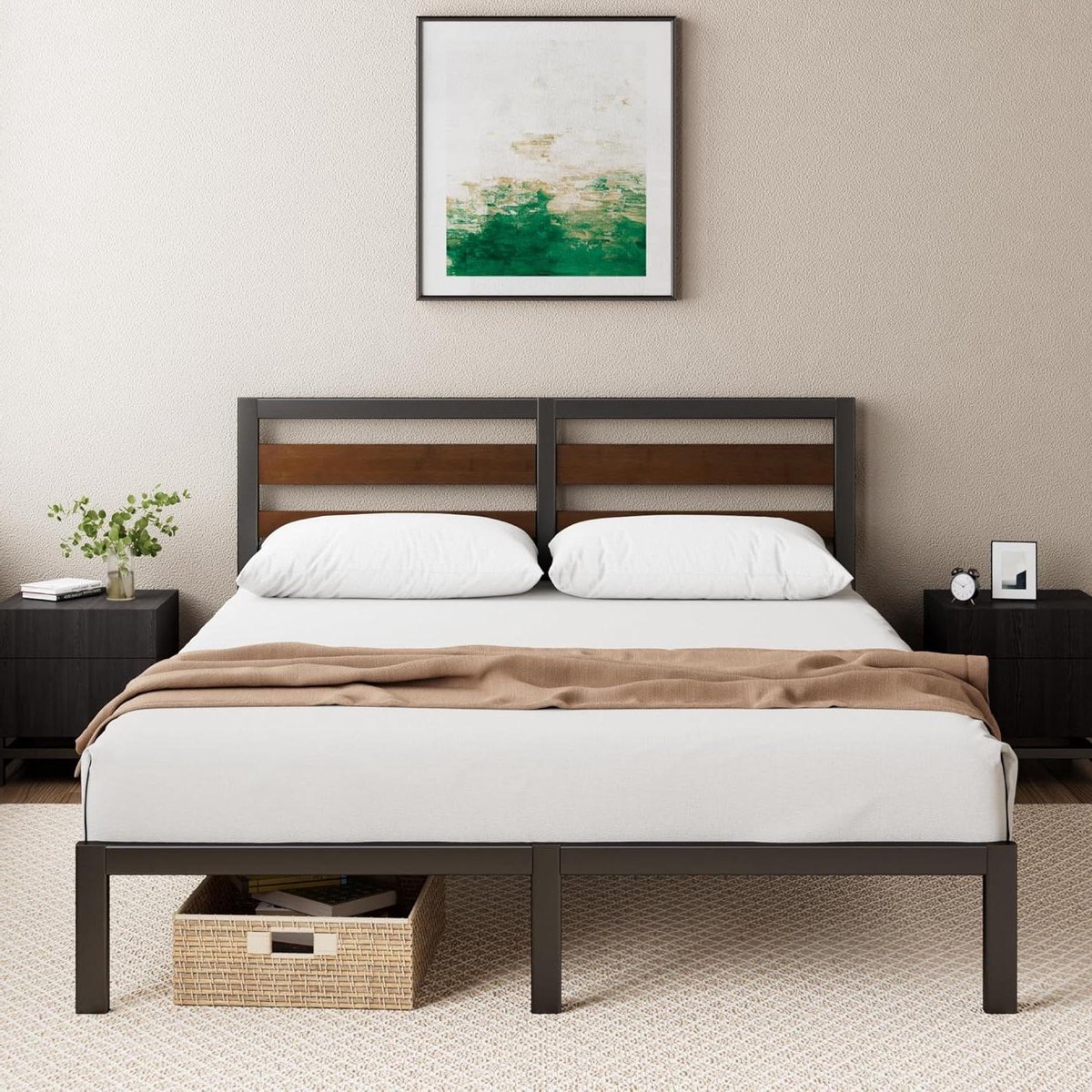 Metalen Bedframe - Bed met hoofdbord - Slaapkamer Inrichten - Duurzaam bamboe design - 140 x 190 cm - Zwart bruin