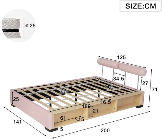 Afmetingen van een roze bedframe met hoofdeinde, opbergvakken en LED-verlichting.