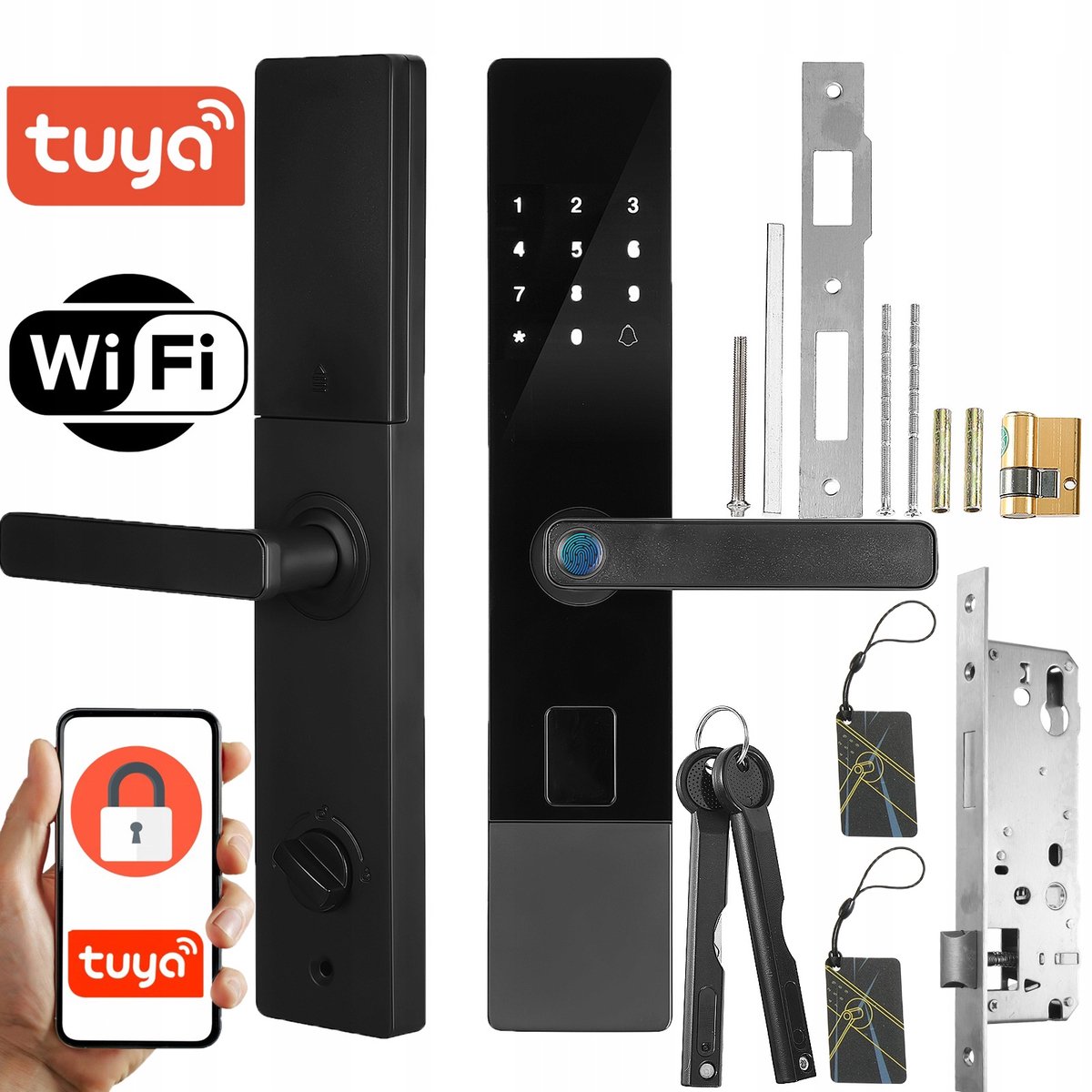 TUYA Smart WiFi Deurslot Zwart – 5 manieren: Vingerafdruk, Code, RFID-kaart, Sleutel & App – Geschikt voor deuren 40-120 mm – Aluminiumlegering – Voor Thuis, Kantoor of Appartement