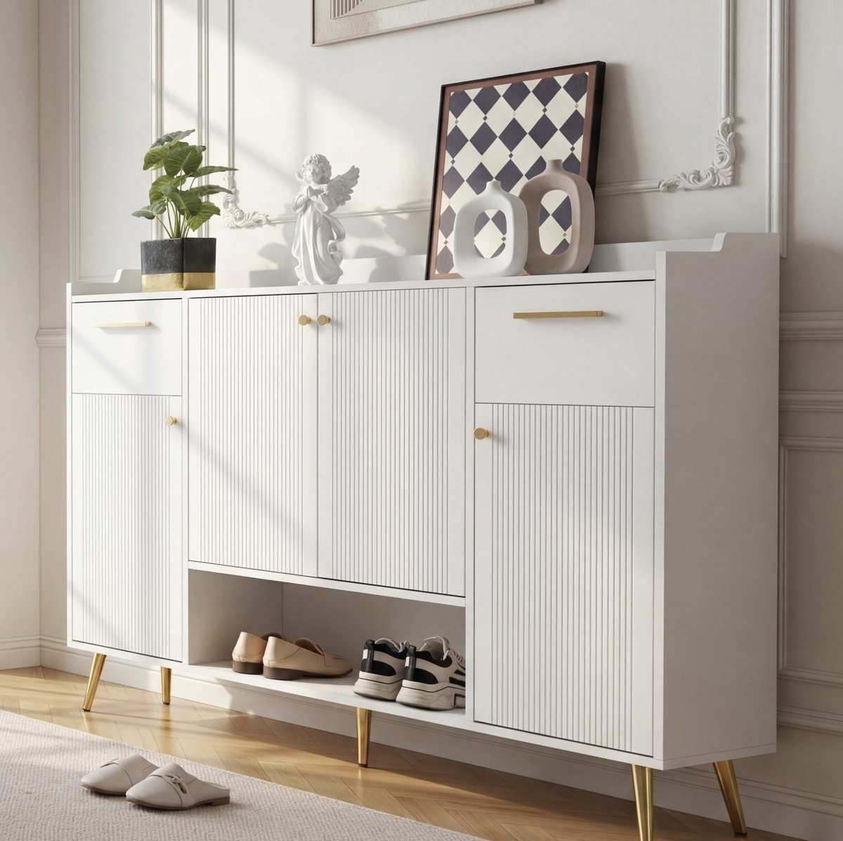 HAUSS SPOLE Schoenenkast - Met 2 Laden En 4 Deuren Voor Geordende Opbergruimte In Hal Of Slaapkamer - Spaanplaat - 130x37x100 Cm - Wit