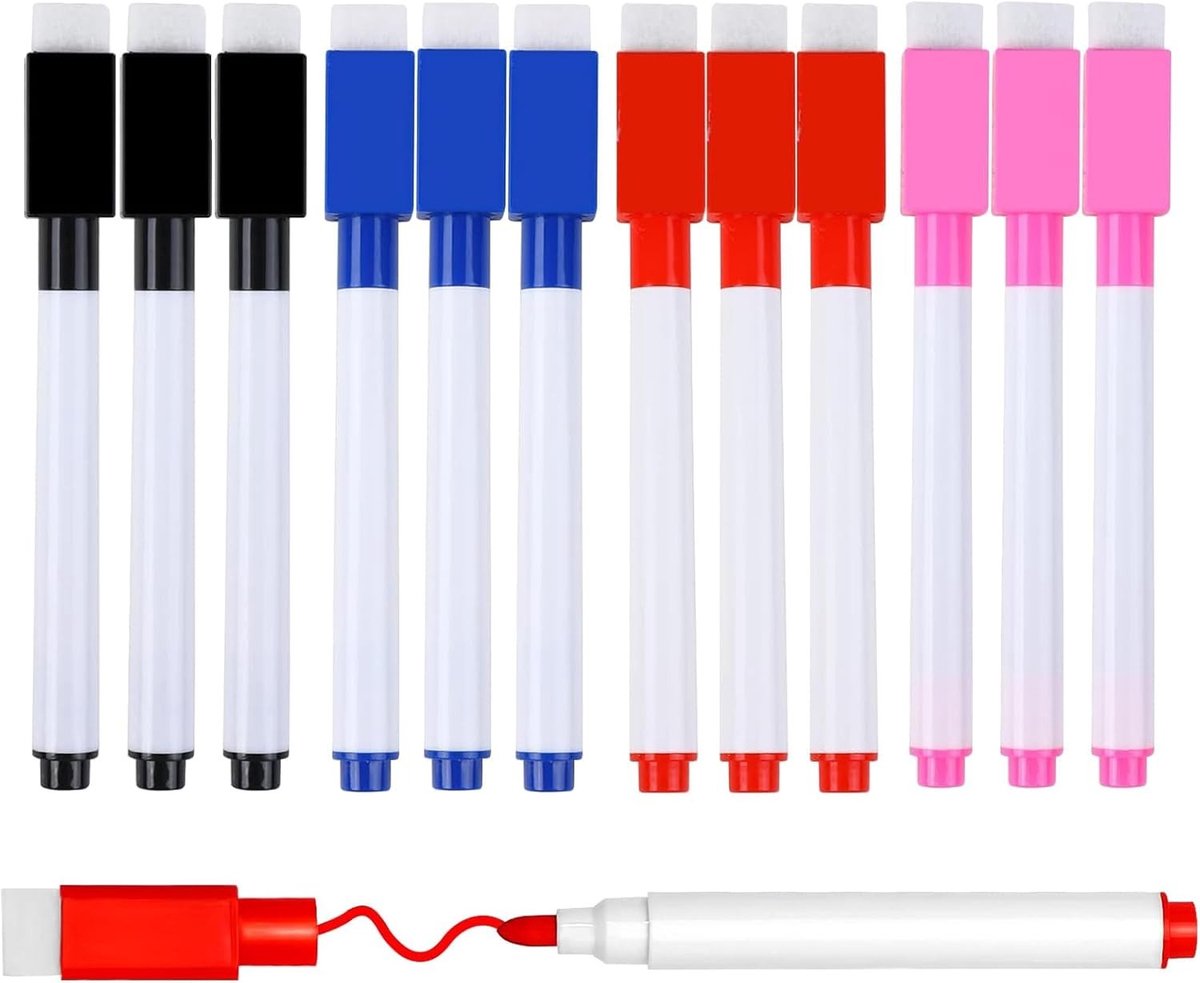 Erasable whiteboard markers met fijne punt, ideaal voor school, kantoor en thuisgebruik, 12 stuks