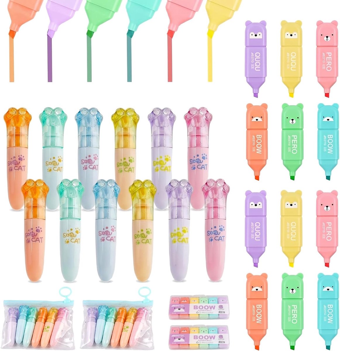 SnelShoppen - 24 Stuks Macarons Mini-Markeerstiften | Schattige Mini Markeerstiften voor School, Feestjes, 6 Kleuren, Beertje en Kattenpootje, Duurzam
