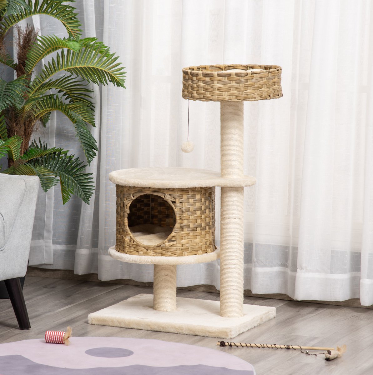 Krabpaal – Meerlaags Met Kattenhuis En Speelbal – 55 x 47 x 95 cm – Rotan, Pluche En Sisal – Naturel En Beige – Voor Kleine Katten