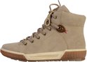 Beige hoge veterboot met bruine veters, bruine zool en een merkembleem op de zijkant.