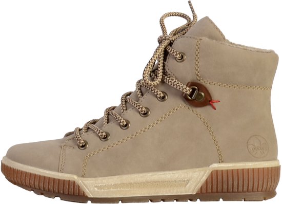 Beige hoge veterboot met bruine veters, bruine zool en een merkembleem op de zijkant.
