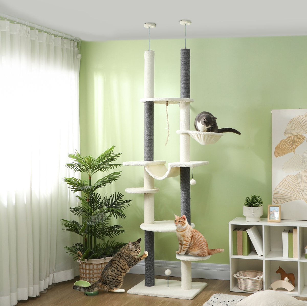 HAUSS SPOLE Krabpaal – Verstelbare Hoogte 225-255 Cm – Polyester – Wit – Met Hangmatten En Speelballetjes – Voor 1-2 Katten