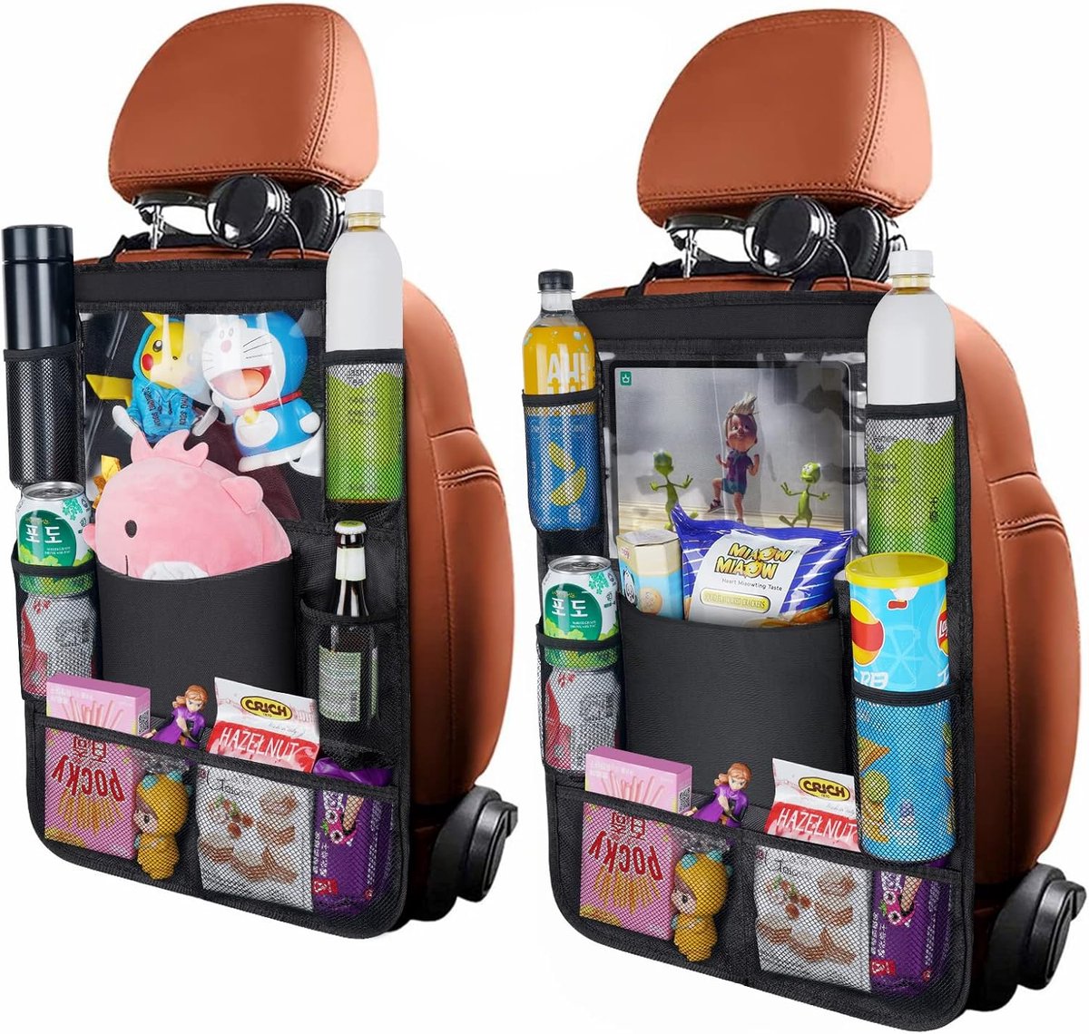 Thijox - Autostoel Organizer 2 Stuks Zwart 600D Waterdichte Oxford-stof, Auto Achterbank Organizer met Aanraakbare Tablethouder en 8 Mesh-vakken voor