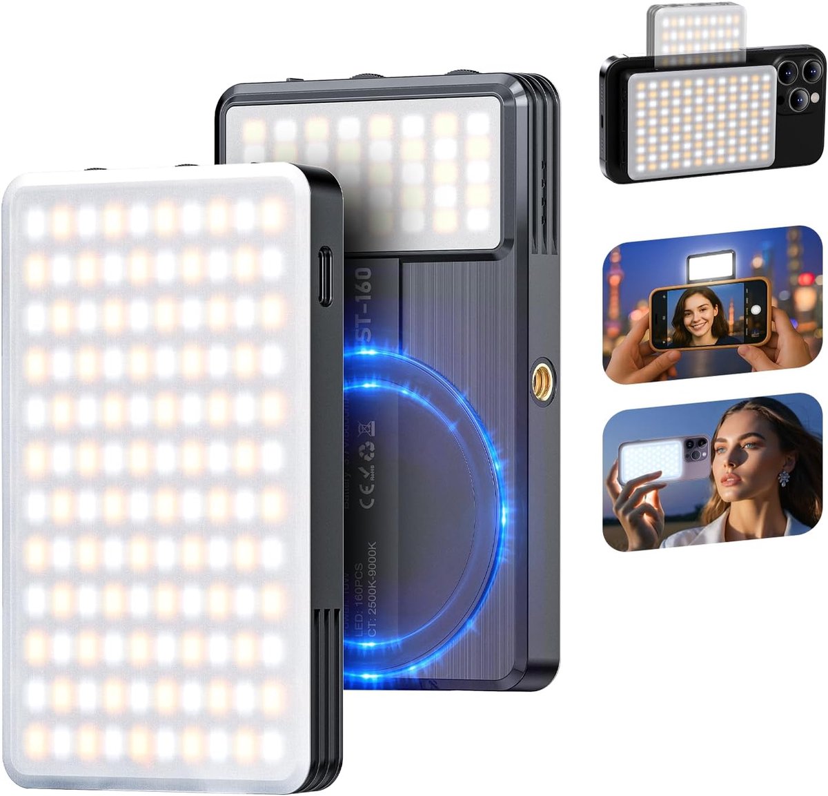 Thijox - Draagbare Magneet Telefoon Licht, Oplaadbare Selfie LED Licht voor iPhone, iPad, Laptop en Camera, Dimbaar 2500-9000K CRI 95+ met 160PCS LED