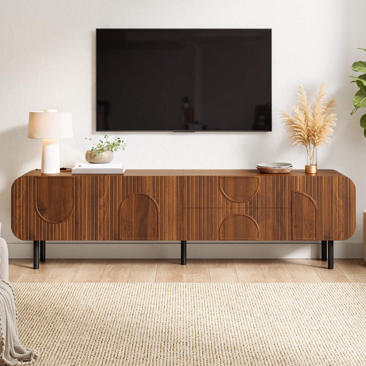 FloraGrace Dressoir - Tv-Kast Met 3 Deuren En 2 Lades - Kabeldoorvoer Voor Woonkamer - MDF En Spaanplaat - 180x40x47,5 Cm - Walnoot