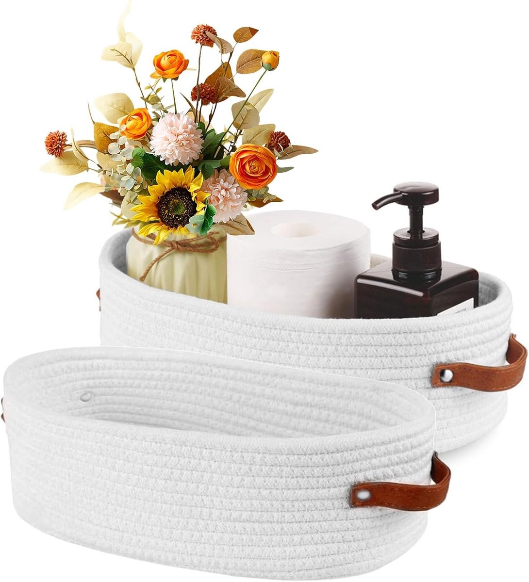 Set van 2 Opbergmanden van Katoenen Touw, 28 x 10 x 10 cm, Gevlochten Mand voor Badkamer, Slaapkamer en Woonkamer, Multifunctionele Opbergoplossing