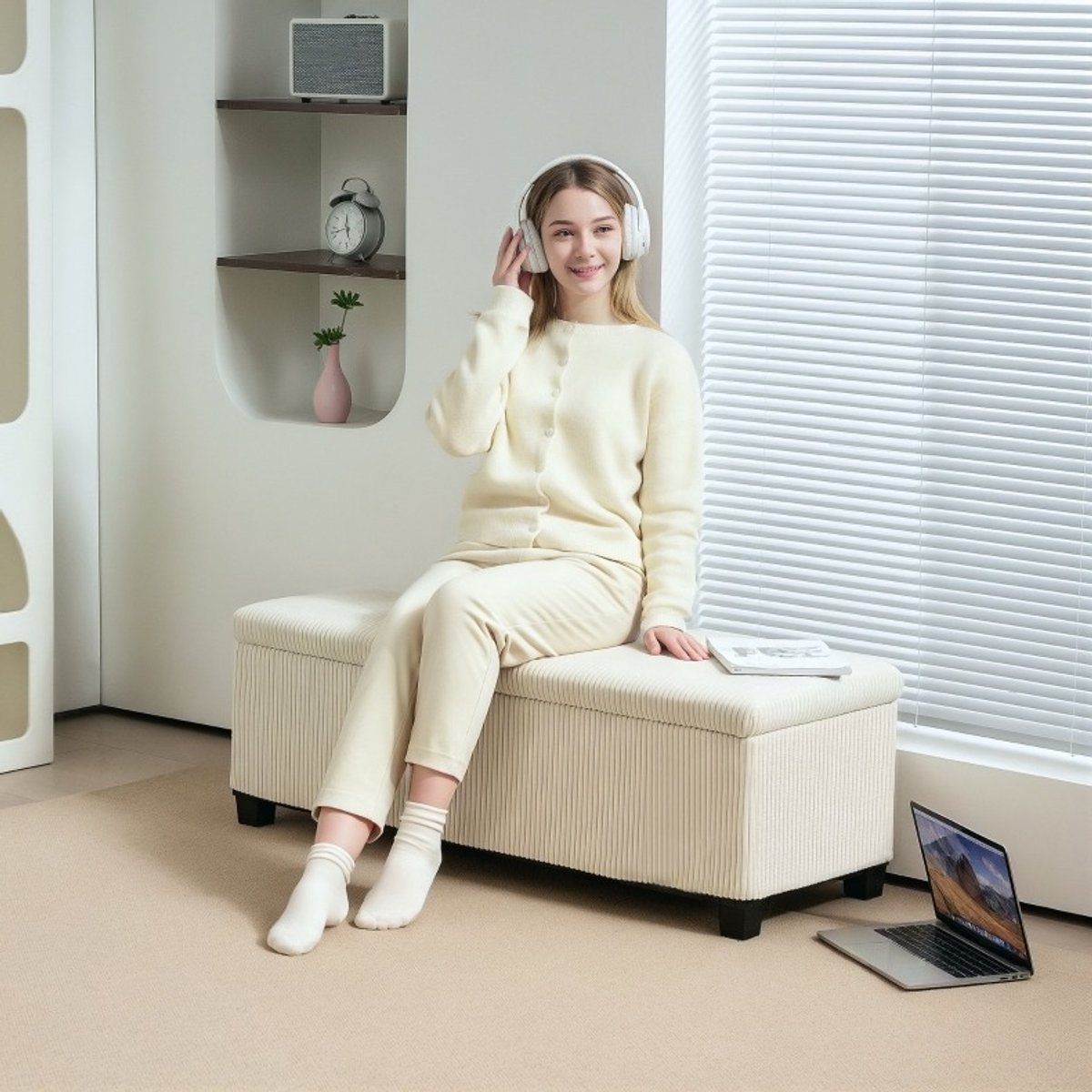 MEUNIQ opbergbank 112 x 42 x 40 cm met 84L opbergruimte, cord-look zitbank met stalen poten, extra zitplaats voor woonkamer, slaapkamer of hal, beige