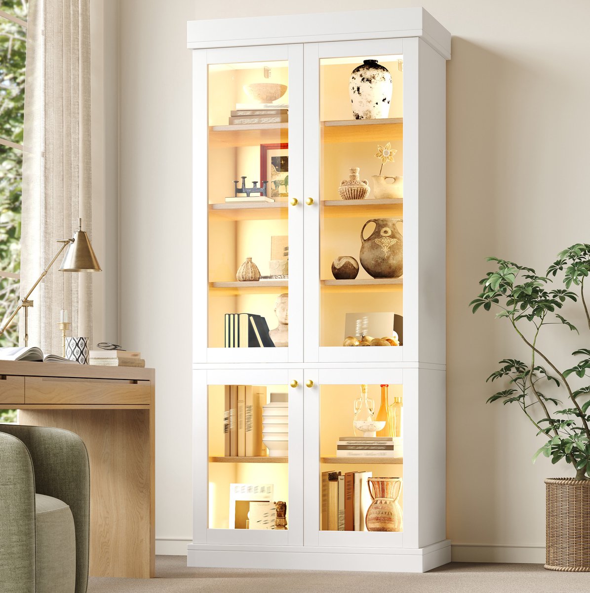 HAUSS SPOLE Vitrinekast - Hoge Kast Met Ledverlichting En Glazen Deuren - Voor Woonkamer Of Slaapkamer - MDF En Glas - 80x40x180 Cm - Wit