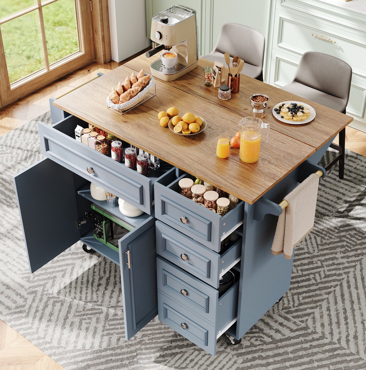 DESMIU Keukenkast - Opklapbare Keukeneiland Met Laden En Verstelbare Vakken - Voor Keuken En Eethoek - MDF En Metaal - 110x45x92 Cm - Babyblauw