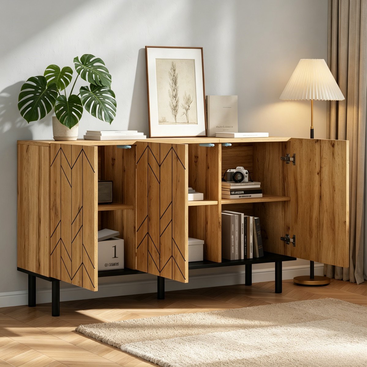 Wishdor - Dressoir - golffront - 3 deuren opbergkast - modern design - woonkamer en eetkamer - houtlook met metalen poten - naturel hout - 120 x 35 x 70 cm