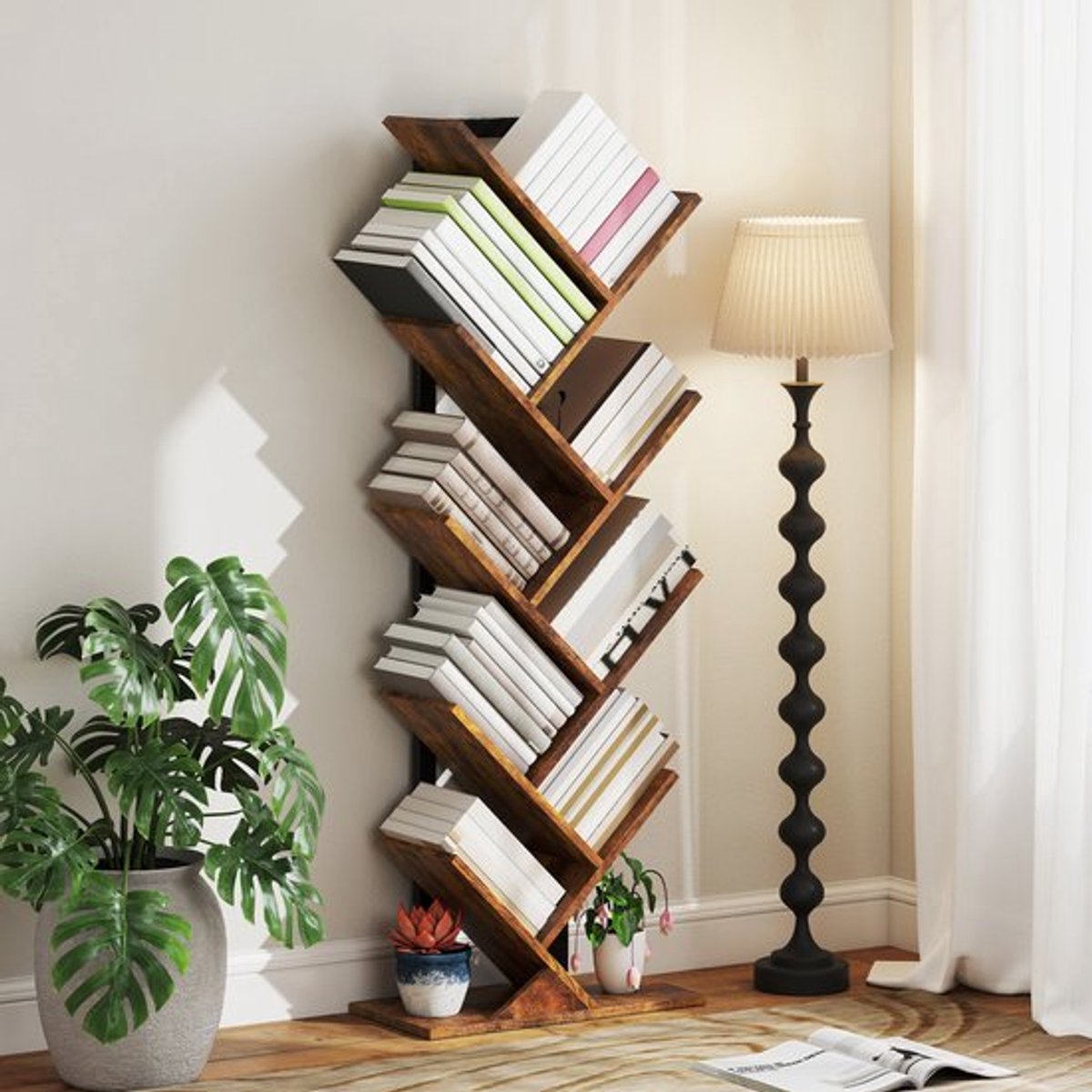 Boekenplank – Boekenkast – Wandplank – Opbergkast – Rek – Smal En Hoog – Boomvormig Design – Rustiek Bruin Hout
