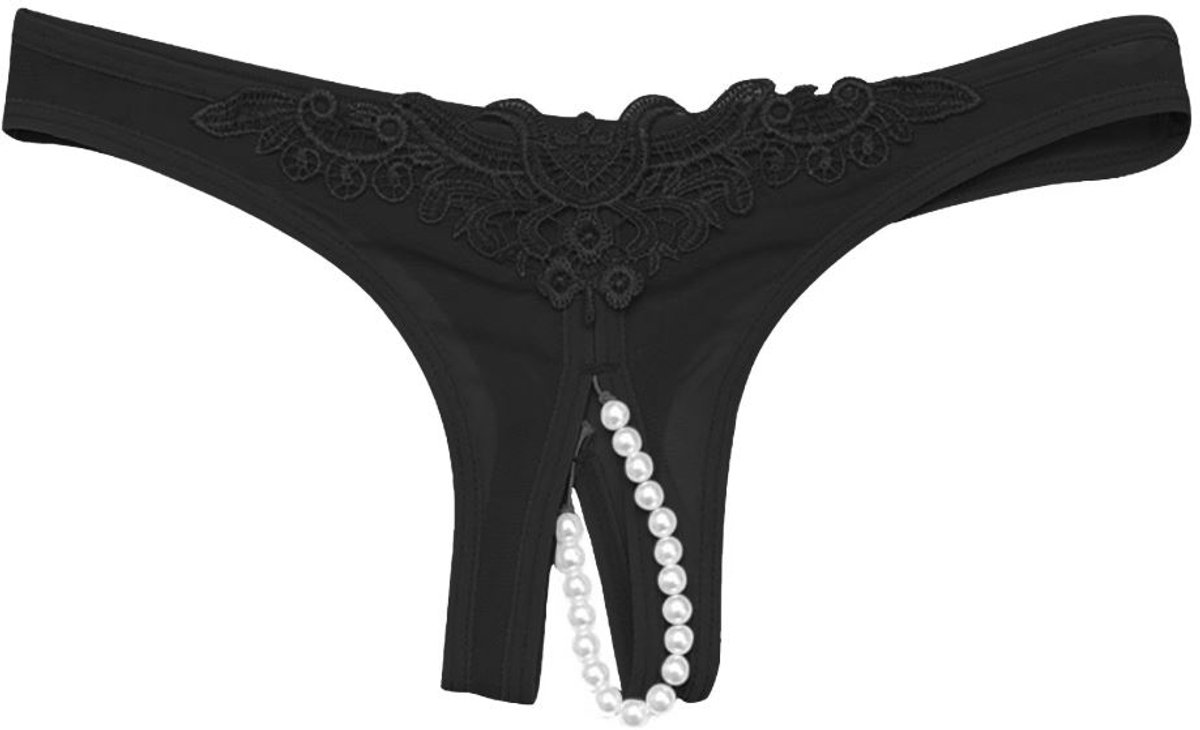 String - Lingerie - Open kruis - Kant - Slipje - Met parels - Sexy lingerie - Lace - Peek-a-boo string - Ondergoed - Zwart - One size (valt klein) - Jonyx