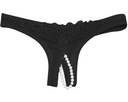String - Lingerie - Open kruis - Kant - Slipje - Met parels - Sexy lingerie - Lace - Peek-a-boo string - Ondergoed - Zwart - One size (valt klein) - Jonyx