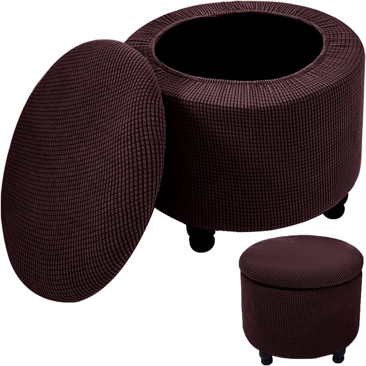 Ronde Ottomaan Hoes - Voetenbank Overtrek - Meubels Beschermen - Elastische Bodem - 45-65 cm Diameter - Bruin