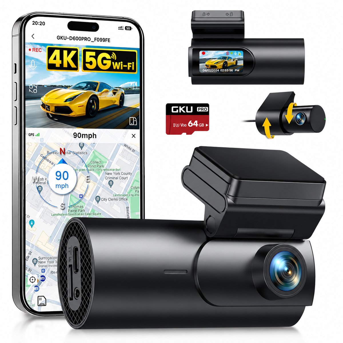 4K Dashcam met Voor- en Achtercamera - Wifi, Nachtzicht en 64GB SD-kaart