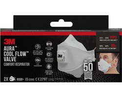 3M Aura Comfort Cool Flow stofmasker, FFP3, met ventiel, pak van 2 stuks