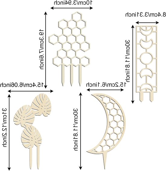 Overzicht met afmetingen in centimeters en inches van vier verschillende houten plantsteunontwerpen.