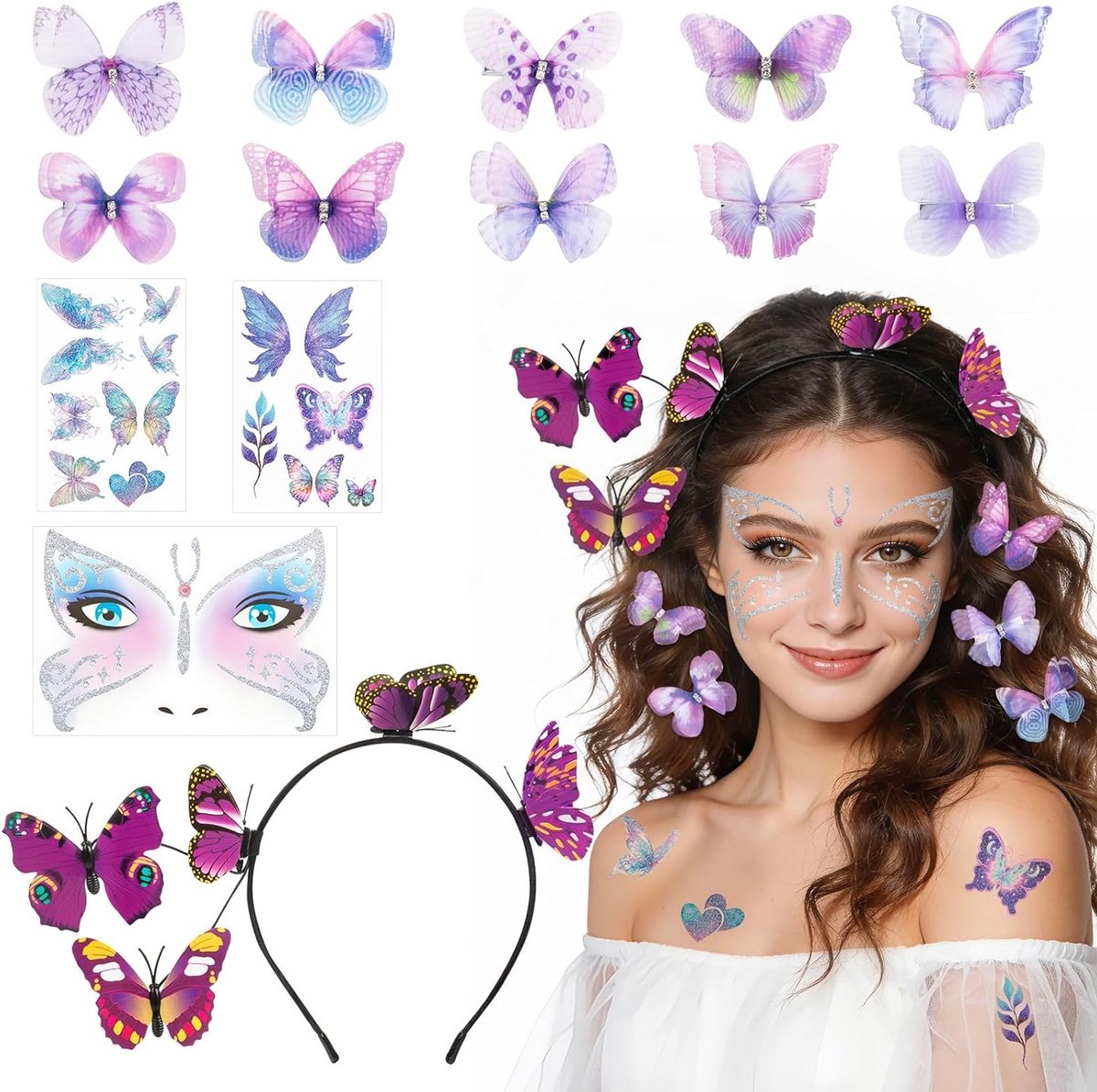 Kleurvol 14-delig Vlinder Kostuum met Hoofdband en Tijdelijke Tattoos voor Carnaval en Halloween