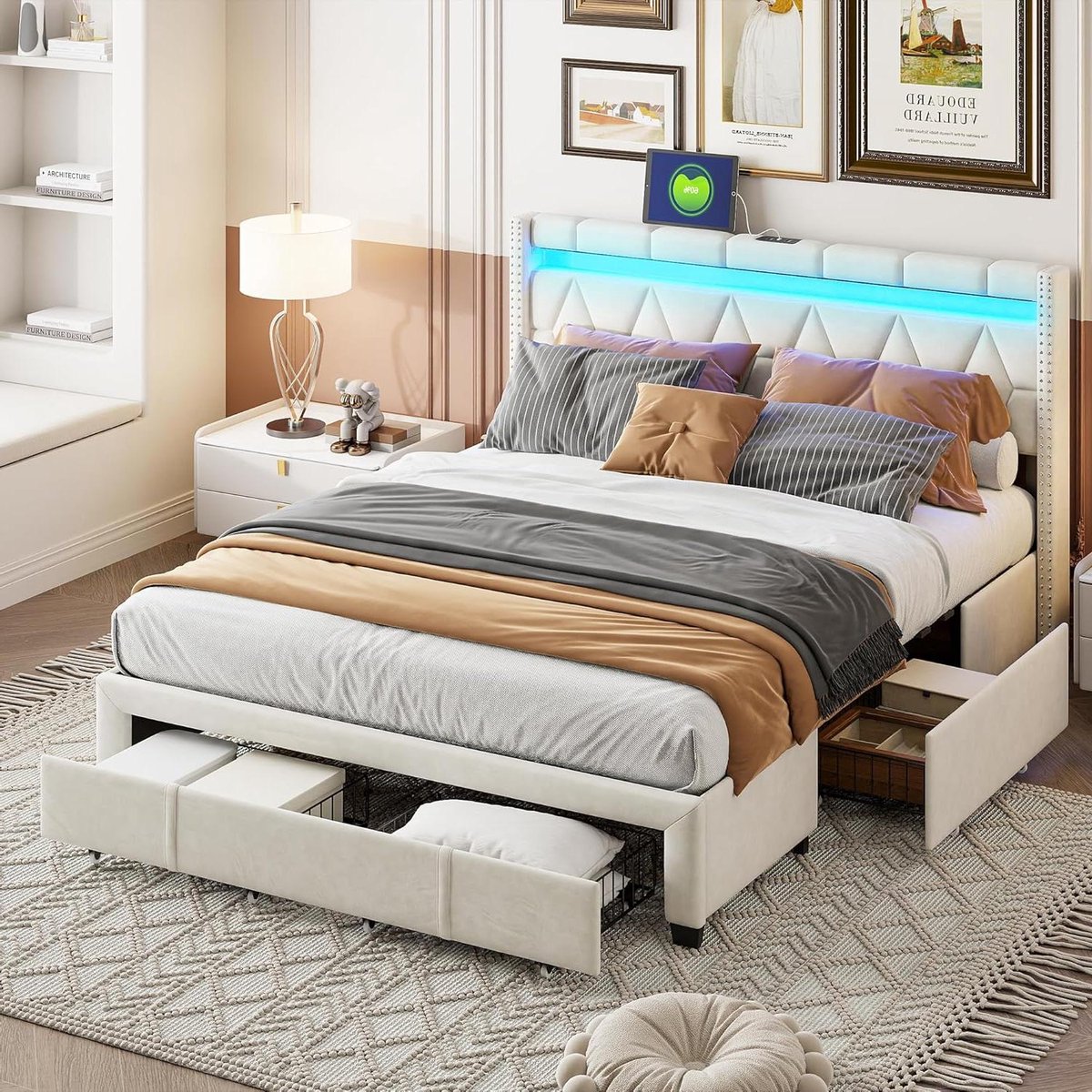 Gestoffeerd Tweepersoonsbed - Bed met Opbergruimte - Comfortabel Slapen - Met LED en USB - 160 x 200 cm - Beige