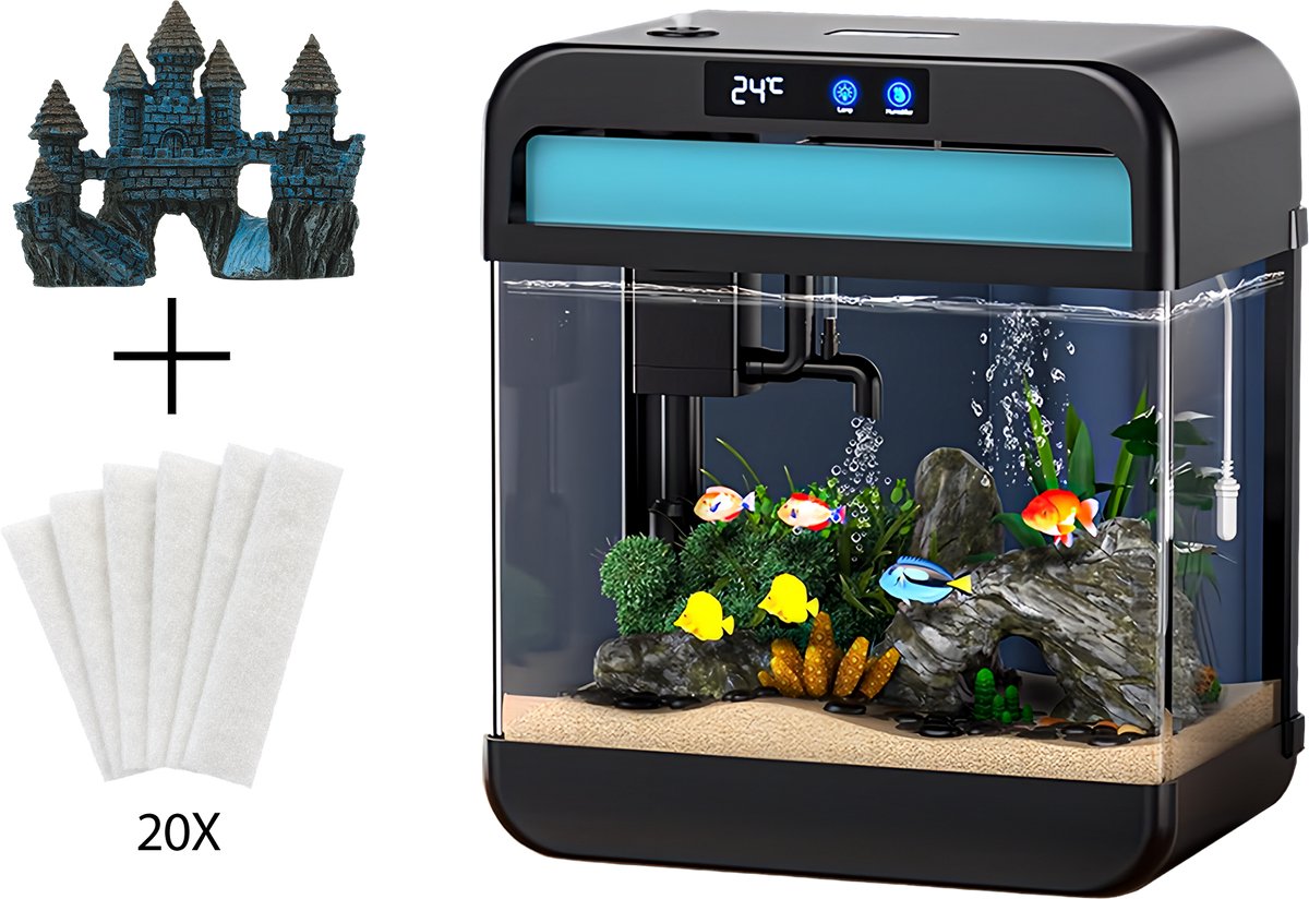 AquaImpact Zelfreinigend Aquarium 13 L – Blauw Kasteel - 20 Filters - Decoratie - Set met 3‑in‑1 Pomp - LED & Touch Display – Timer & Dim Functie - Incl. Luchtbevochtiger - Garnalen Aquarium
