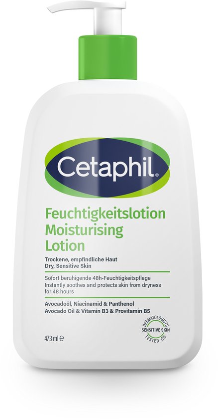 Witte Cetaphil Moisturising Lotion pompflacon met groene dop. Voor droge, gevoelige huid.