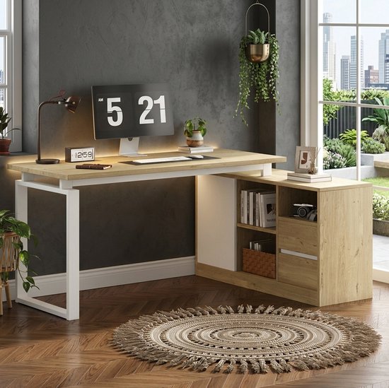 FloraGrace Bureau - L-Vormig Hoekbureau Met Opbergruimte En Verstelbare Plank - Voor Kantoor En Studie - MDF En Metaal - 152x113,5x76 Cm - Naturel En Wit