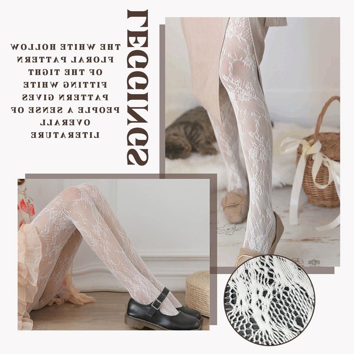 4 Paar Witte Kanten Panty’s voor Dames, Transparante Lolita Kousen met Bloemenpatroon, Mode Fishnet Kousen en Kanten Stockings, One Size