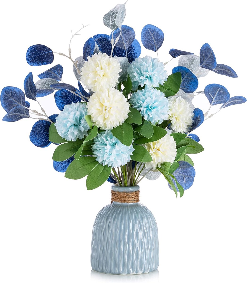 SnelShoppen - Kunstmatige Bloemen met Vaasje - Decoratieve Bloemen Boeket - Blauwe Zijde Bloemen - Faux Bloemarrangementen voor Balkon, Tuin, Bruiloft